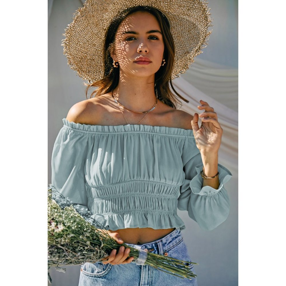 Light Blue Smocked off the shoulder crop top - Picture 3 of 4